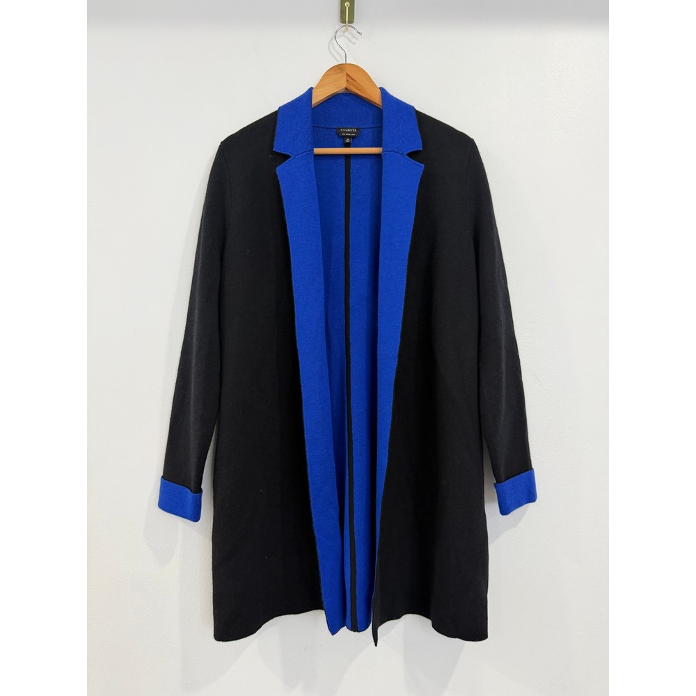 Talbots Merino Wool Open Front Longline Cardigan Black Royal Blue Medium - Picture 1 of 6